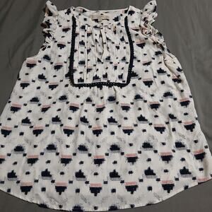 Loft Large ruffled sleeveless white with red & blue Americana embroidered detail